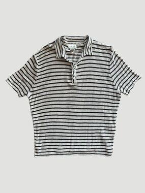 D/SET Striped Knit Polo Top Cream Black Fitted Euro Coastal Minimal S/M